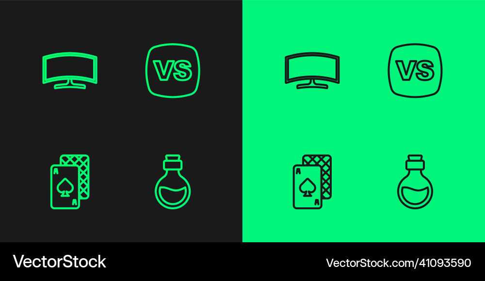 Set line bottle with magic elixir playing cards vector image