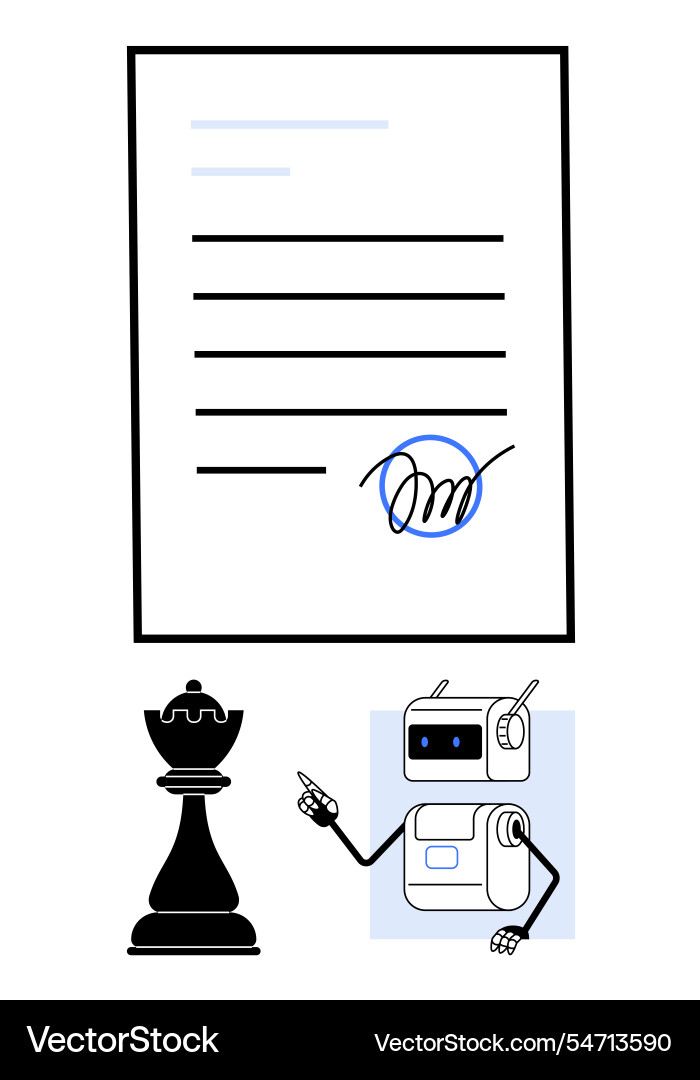 Signature on document with chess piece and robot Signature on document with chess piece and robot vector image