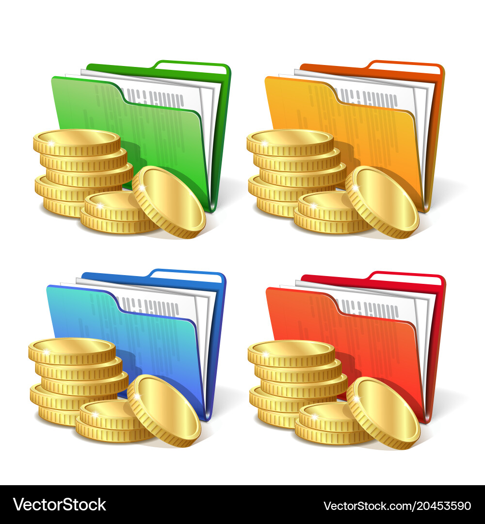 Stack of gold coins next to folder with documents vector image