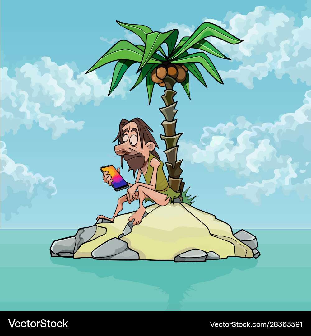 Cartoon man with smartphone on a small uninhabited Cartoon man with smartphone on a small uninhabited vector image