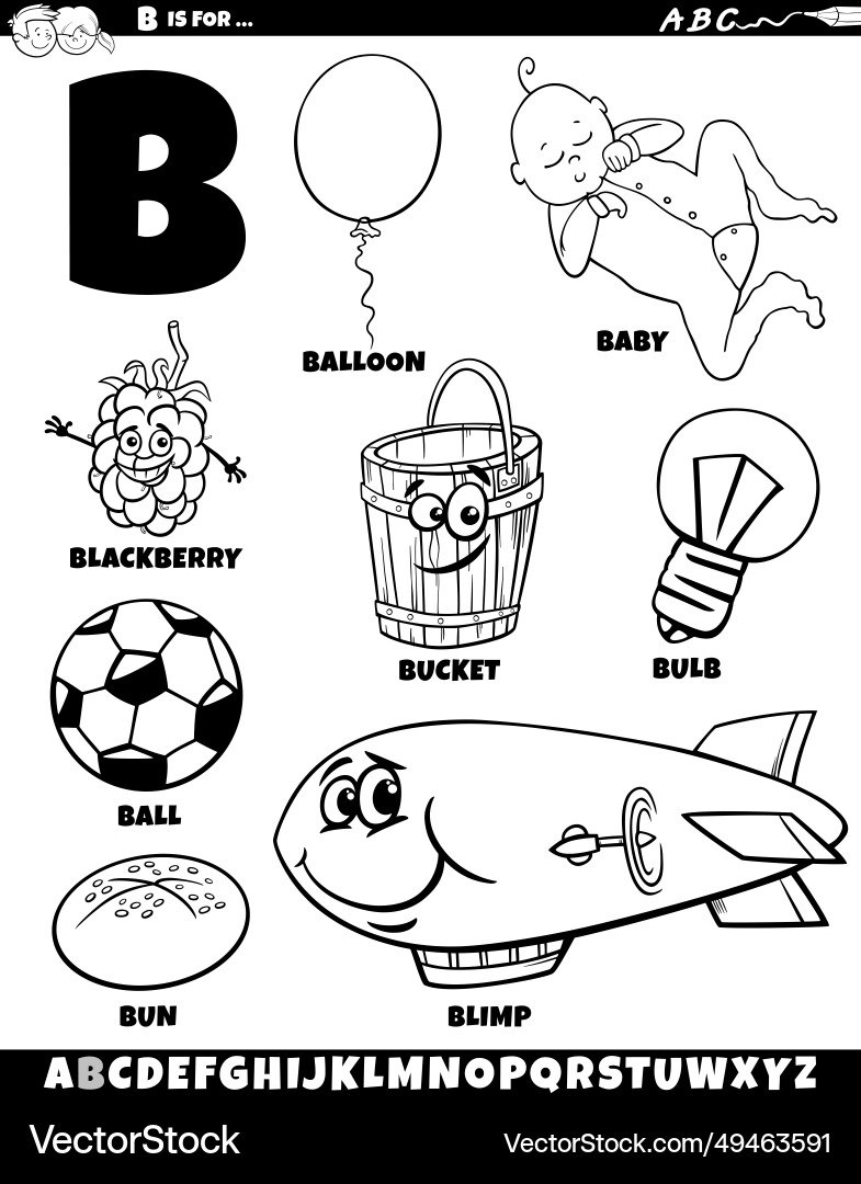 Letter b set with cartoon objects and characters vector image