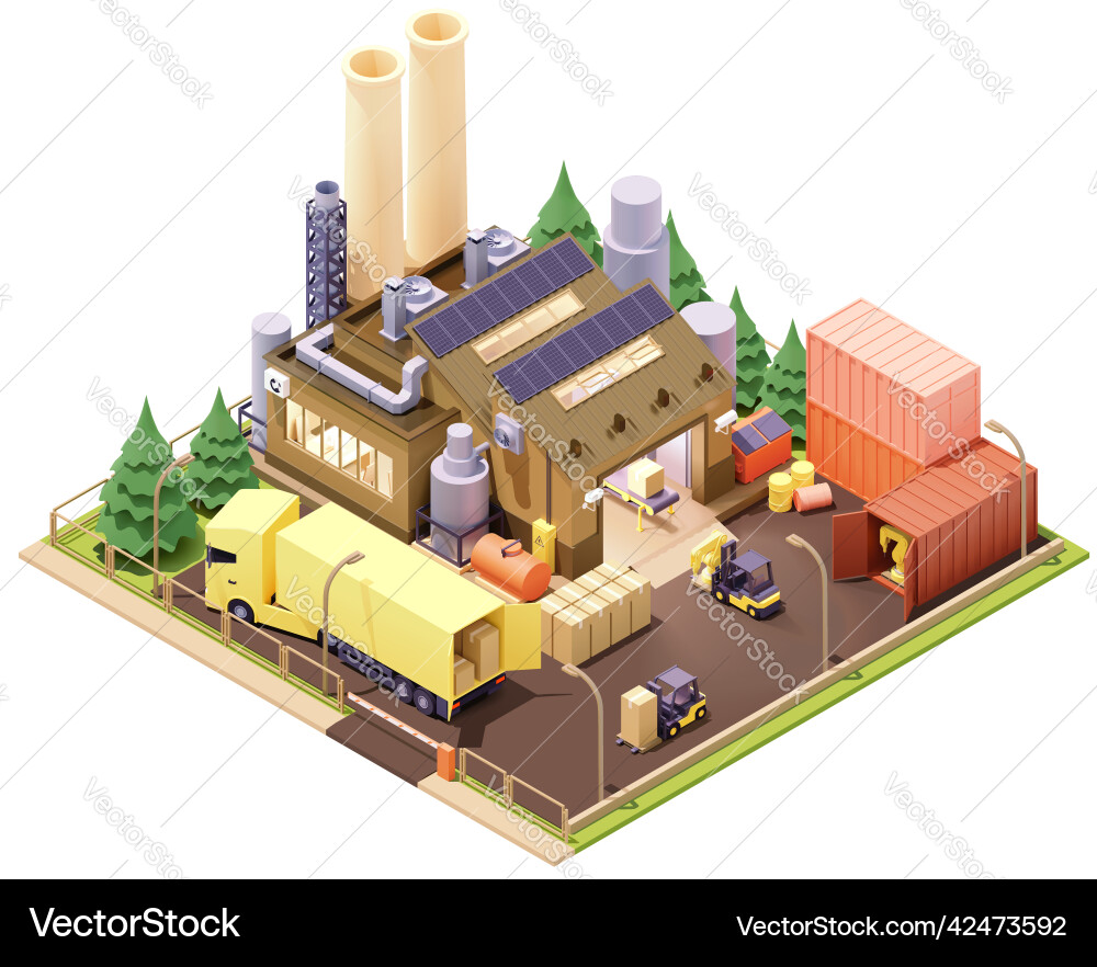 Isometric Factory Building with Robots vector image