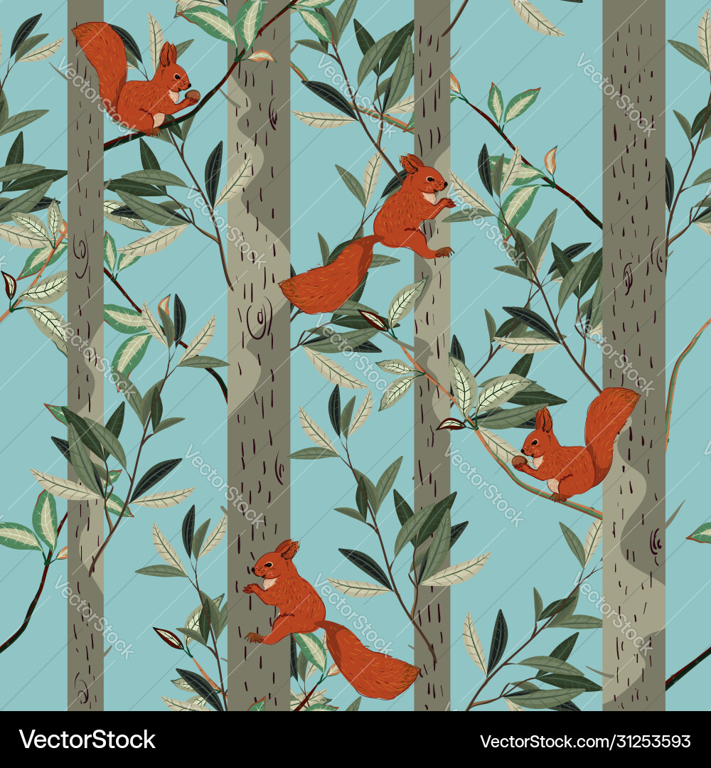 Red squirrels trunks and branches forest trees Red squirrels trunks and branches forest trees vector image