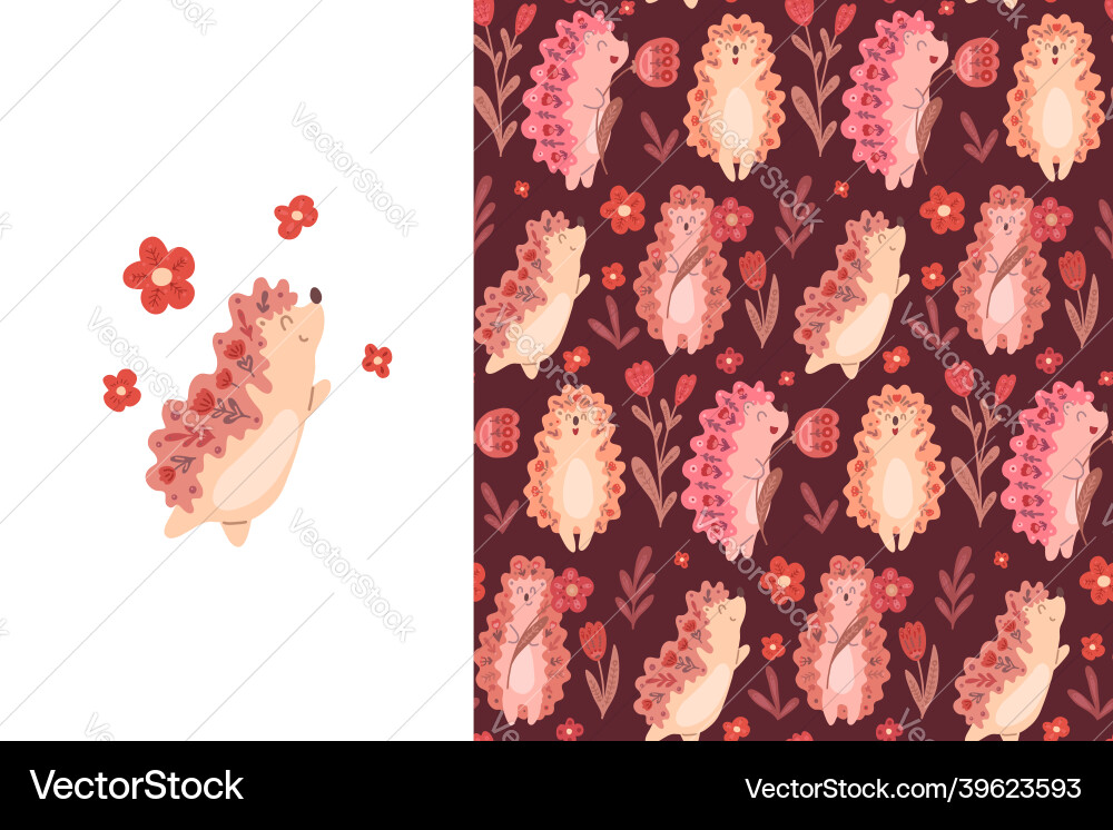 Set of card and seamless pattern with cute Set of card and seamless pattern with cute vector image