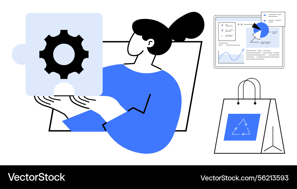 Woman holding puzzle gear analytics dashboard Vector Image