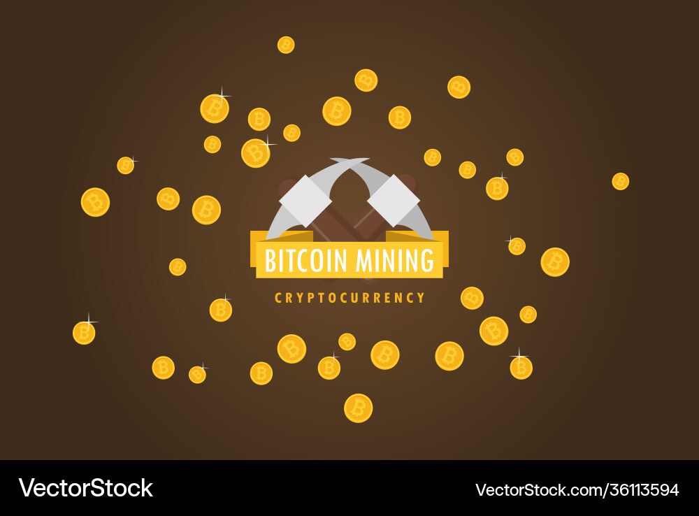 Bitcoin mining concept with pickaxe and coin flat vector image