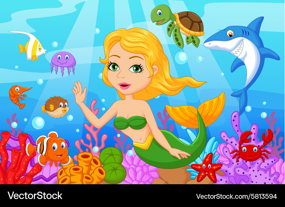 Cute mermaid cartoon with fish collection set Vector Image