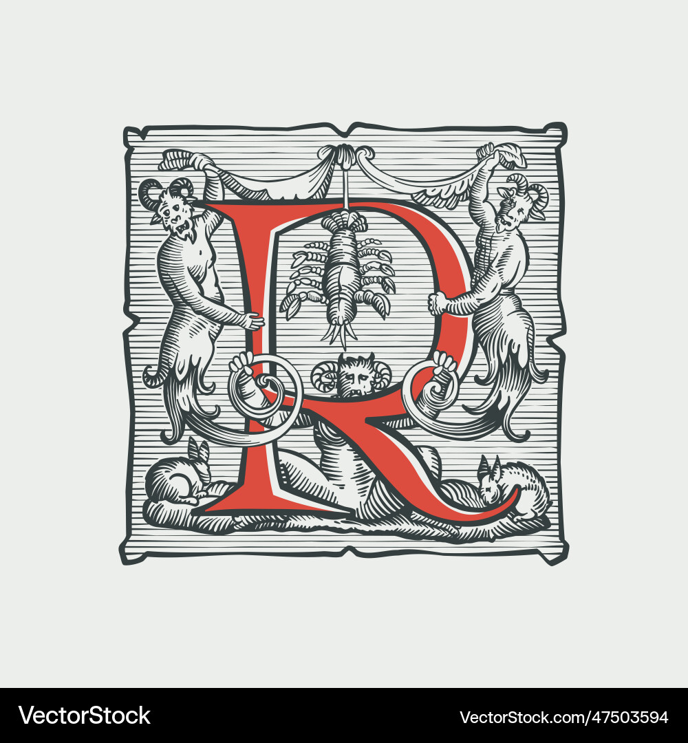 Gothic r letter logo medieval dropcap devil Gothic r letter logo medieval dropcap devil vector image