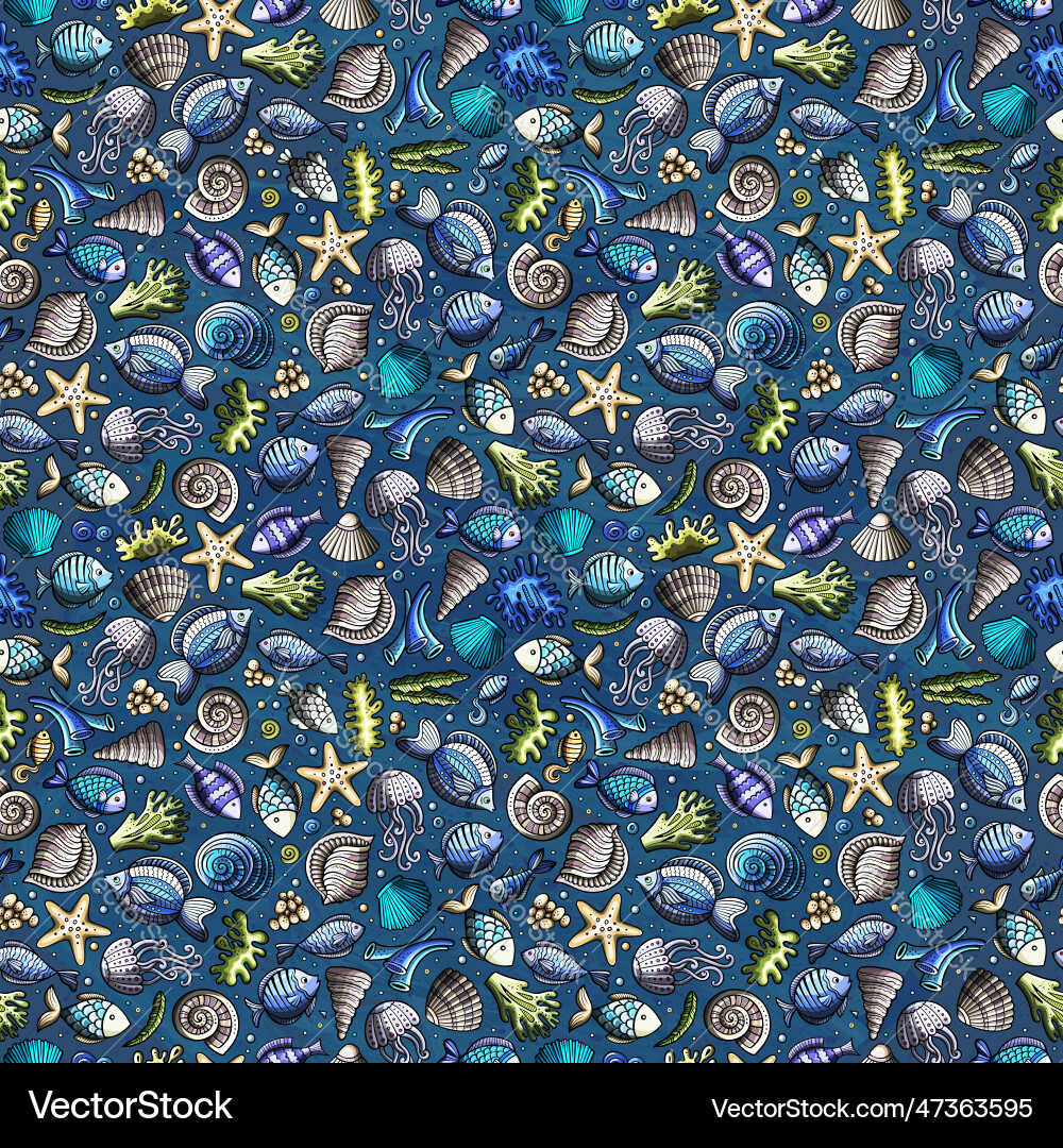 Cartoon doodles sea life seamless pattern vector image