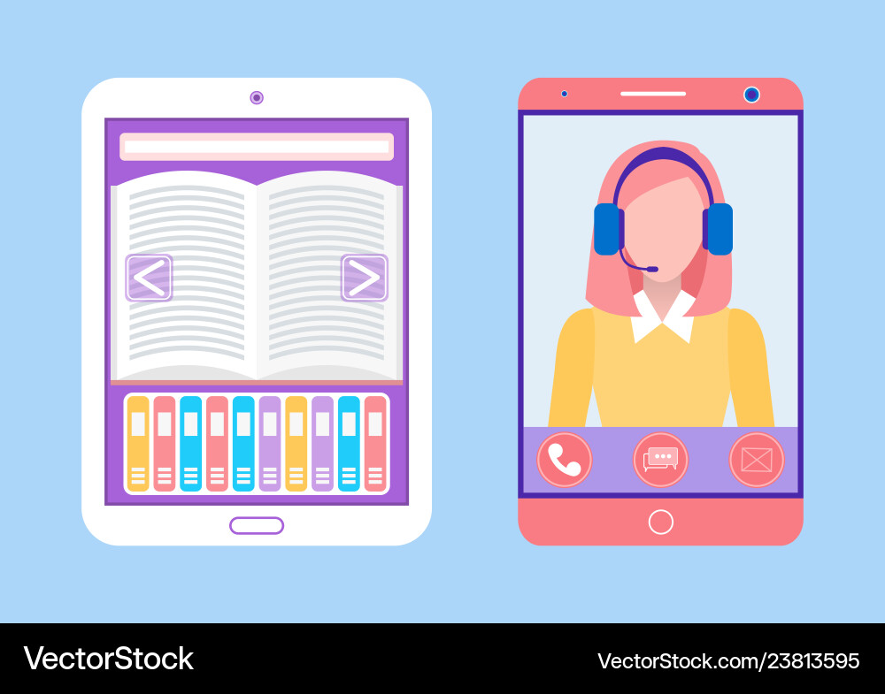 Electronic book and smartphone with lady tutor Electronic book and smartphone with lady tutor vector image