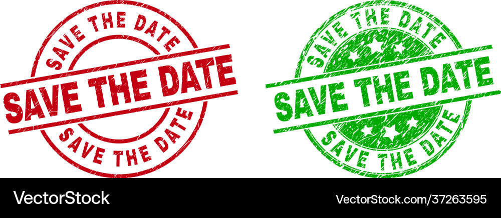 Save the date round stamps using scratched surface vector image
