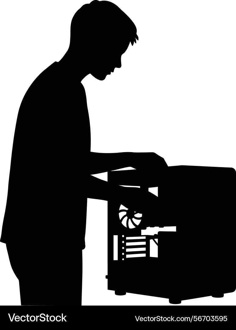 Silhouette of man assembling computer hardware Silhouette of man assembling computer hardware vector image