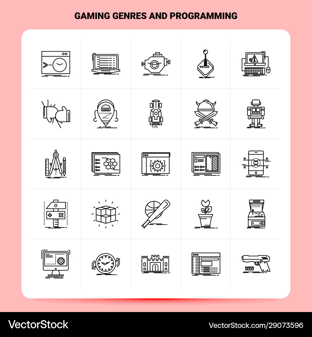 Outline 25 gaming genres and programming icon set Outline 25 gaming genres and programming icon set vector image