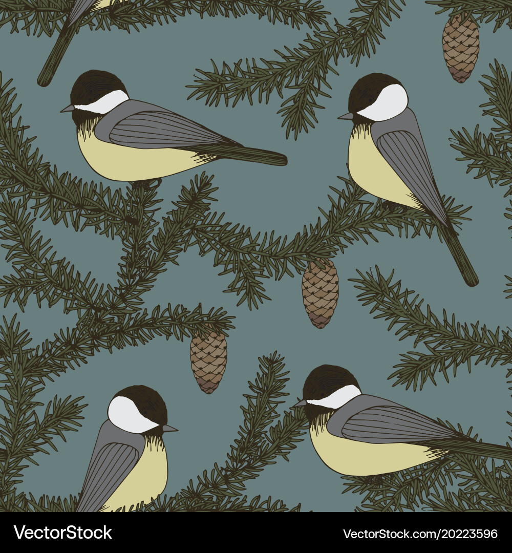 Seamless pattern with branches of fir and birds vector image