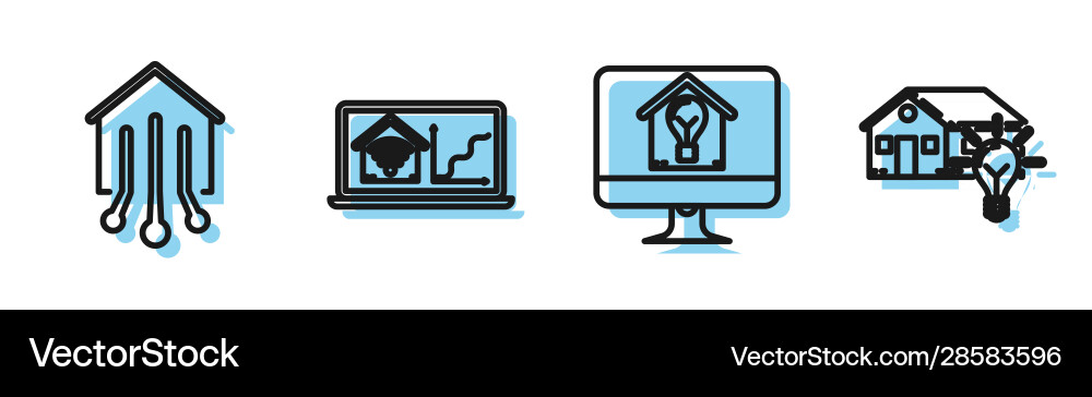 Set line computer monitor with smart house Set line computer monitor with smart house vector image