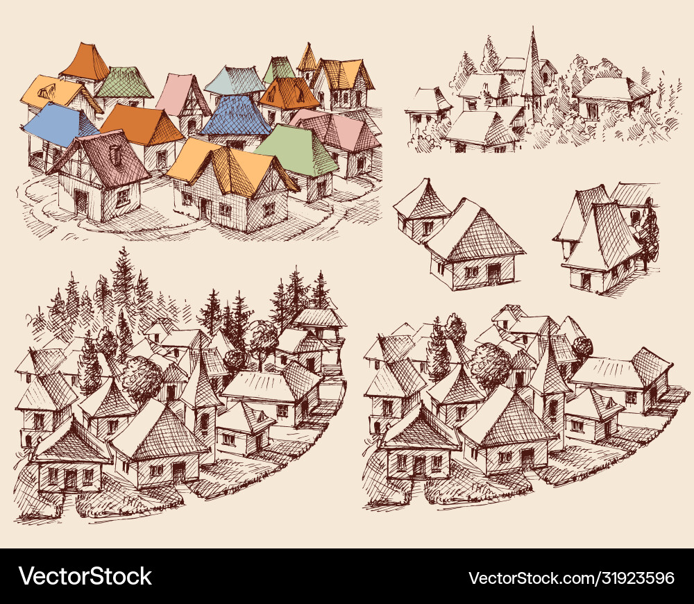 Small city towns urban house building set vector image