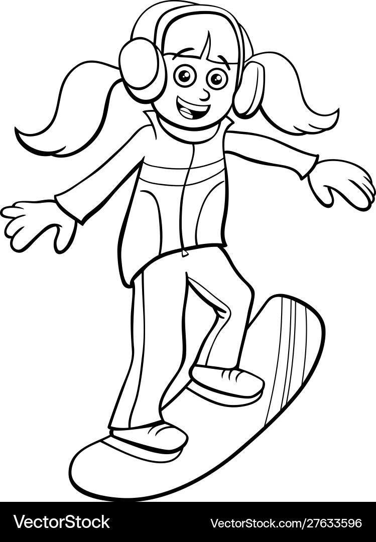 Snowboarding girl cartoon coloring book page vector image