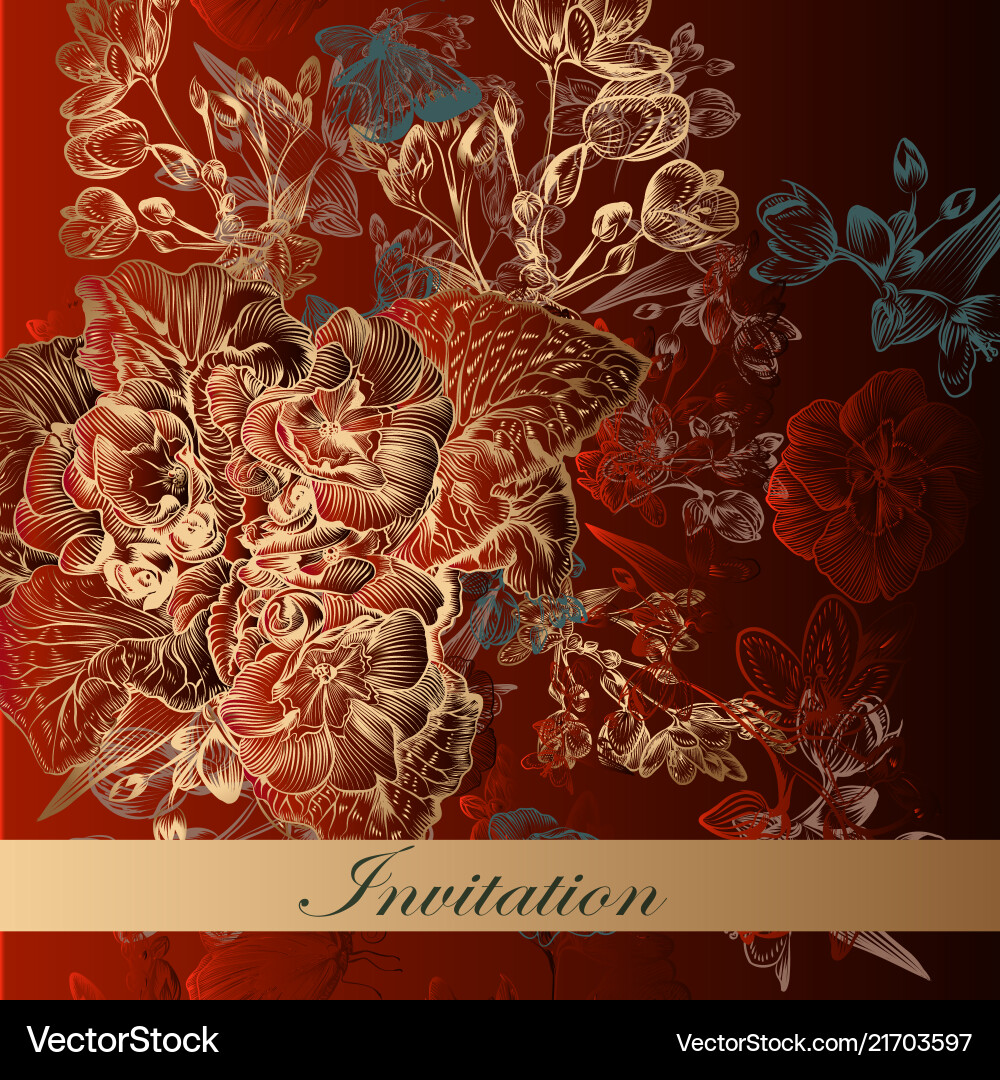 Invitation card in red color with flowers Vector Image