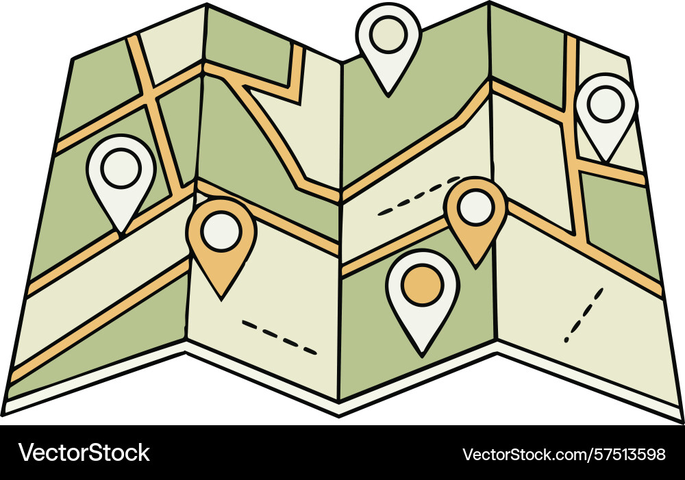 Folded map with location pins showing navigation Vector Image