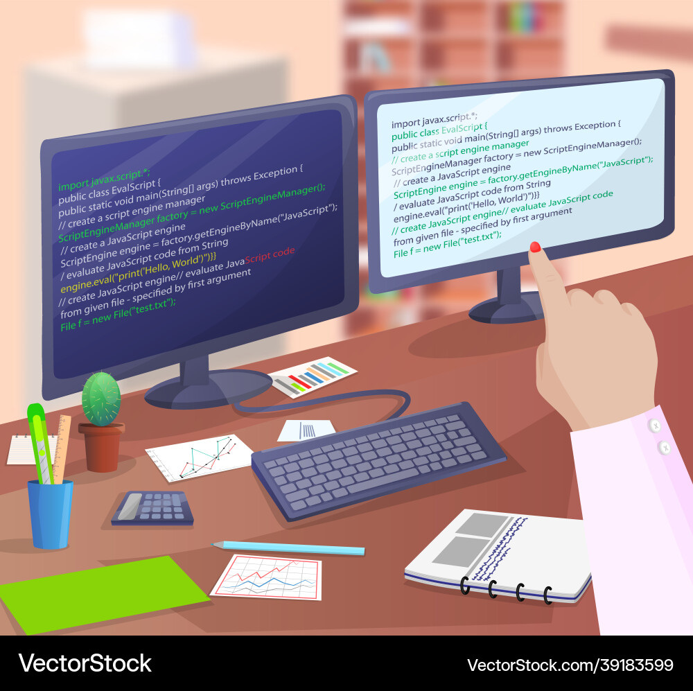 Office worker sitting at table with computer Office worker sitting at table with computer vector image