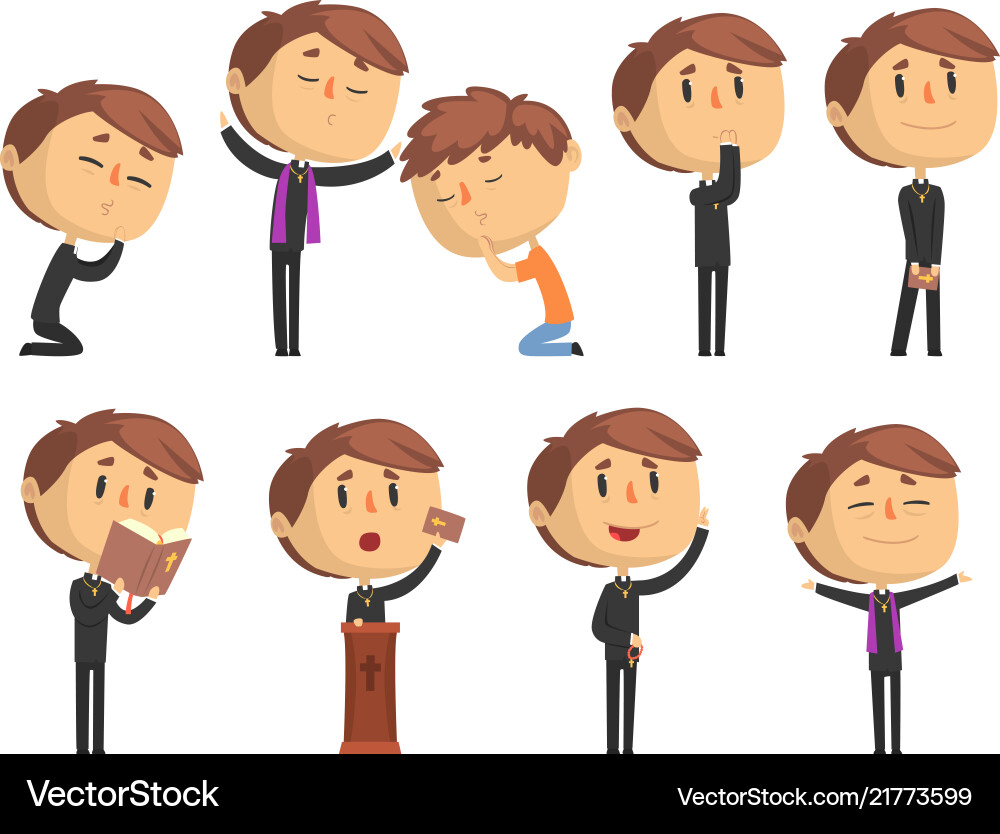 Young cartoon catholic priest reading prayer Young cartoon catholic priest reading prayer vector image