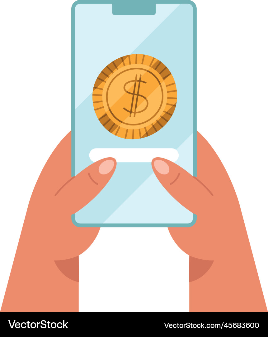 Hands using smartphone with coin Vector Image