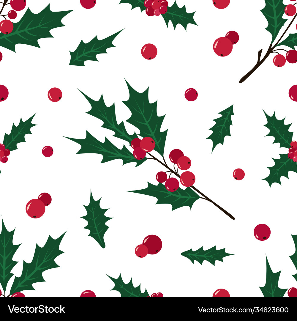 Seamless pattern holly branch with red berries Vector Image