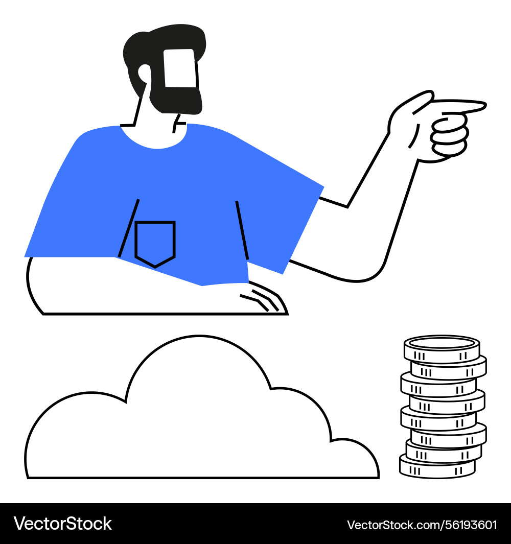 Man pointing towards cloud with stacked coins Man pointing towards cloud with stacked coins vector image