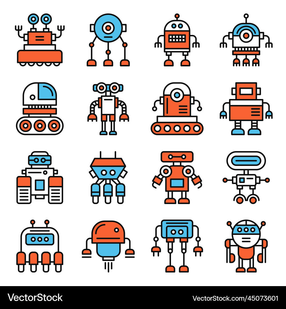 Robot icons set on white background line style vector image