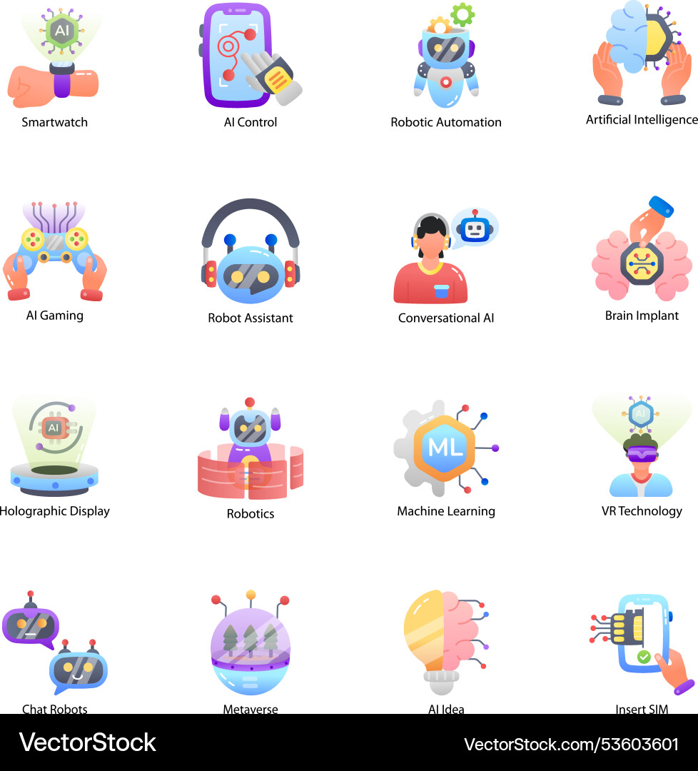 Set of artificial intelligence and robotics flat i vector image