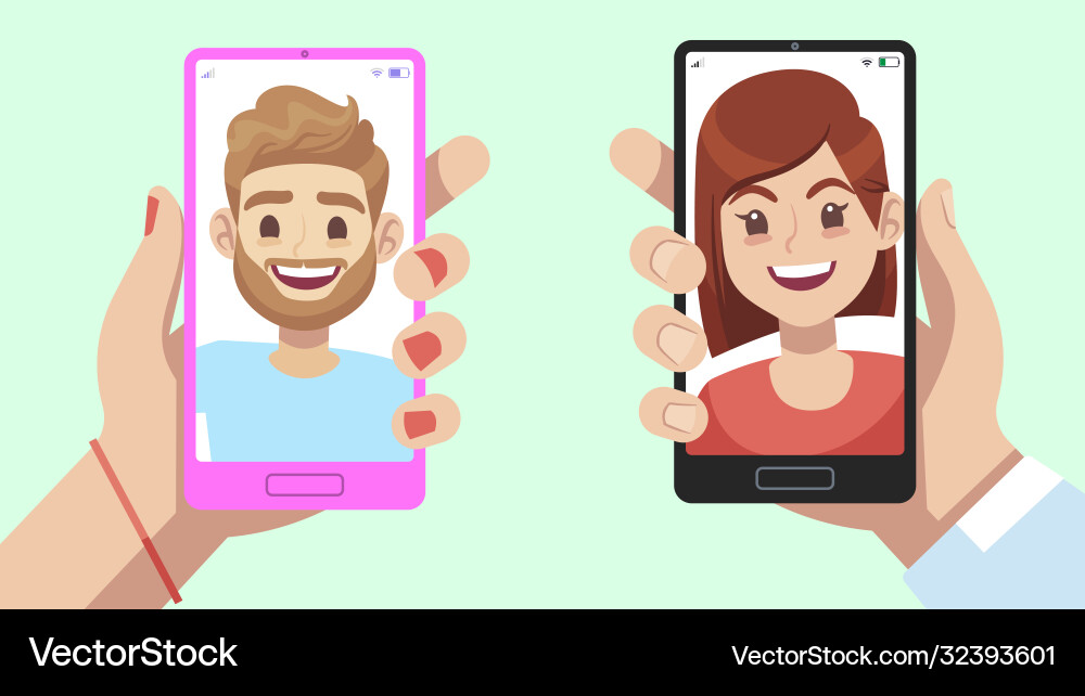 Smartphone with virtual relationship app hands vector image