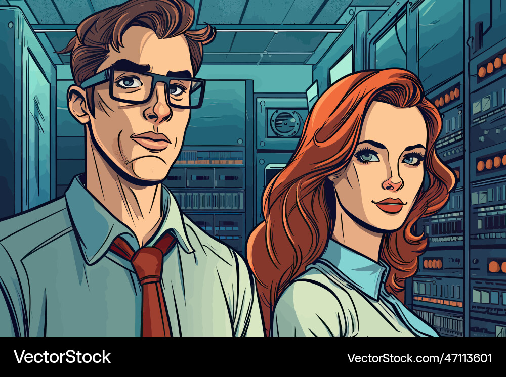 Two computer engineer technicians in rack server Two computer engineer technicians in rack server vector image