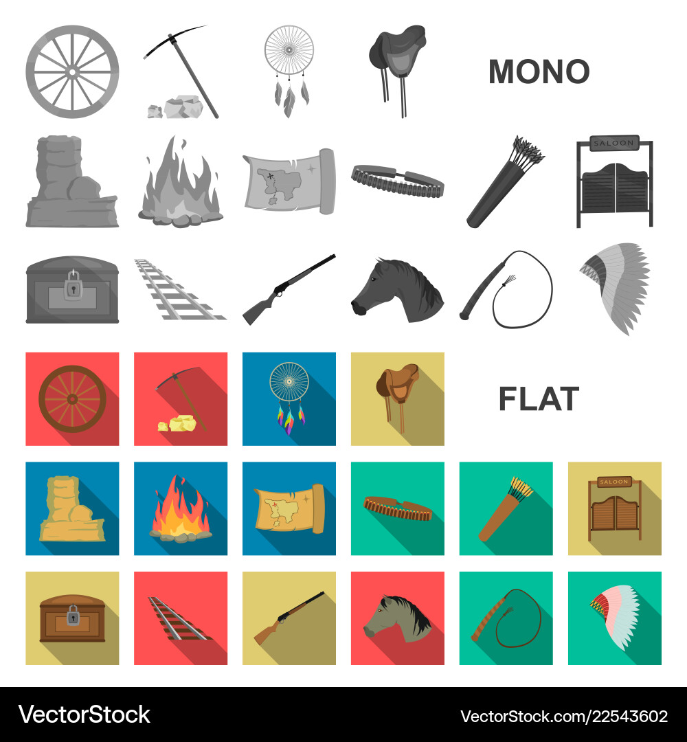 Attributes of the wild west flat icons in set Attributes of the wild west flat icons in set vector image