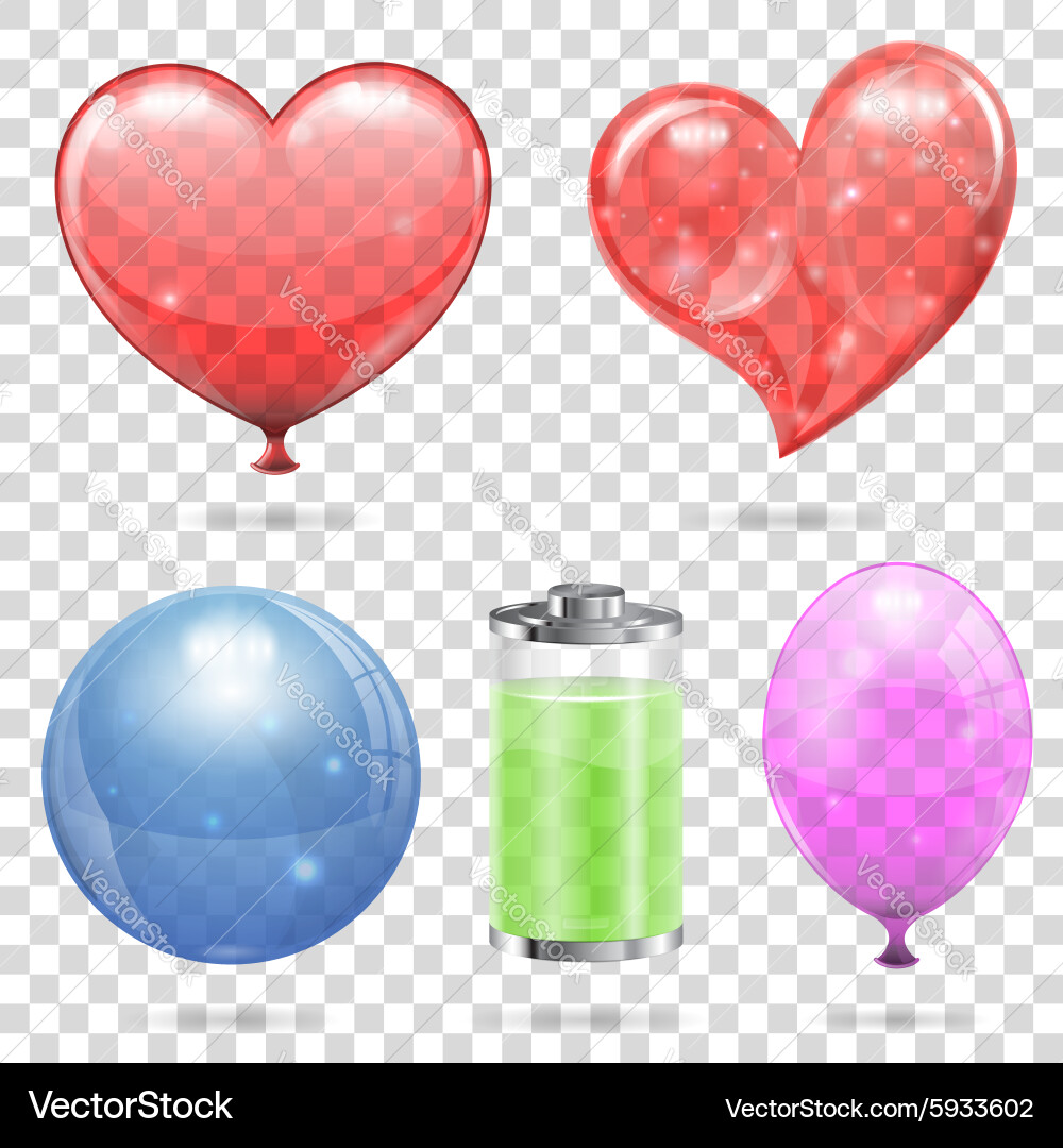 Transparent 3D Objects - Heart Balloons & Battery Vector Image