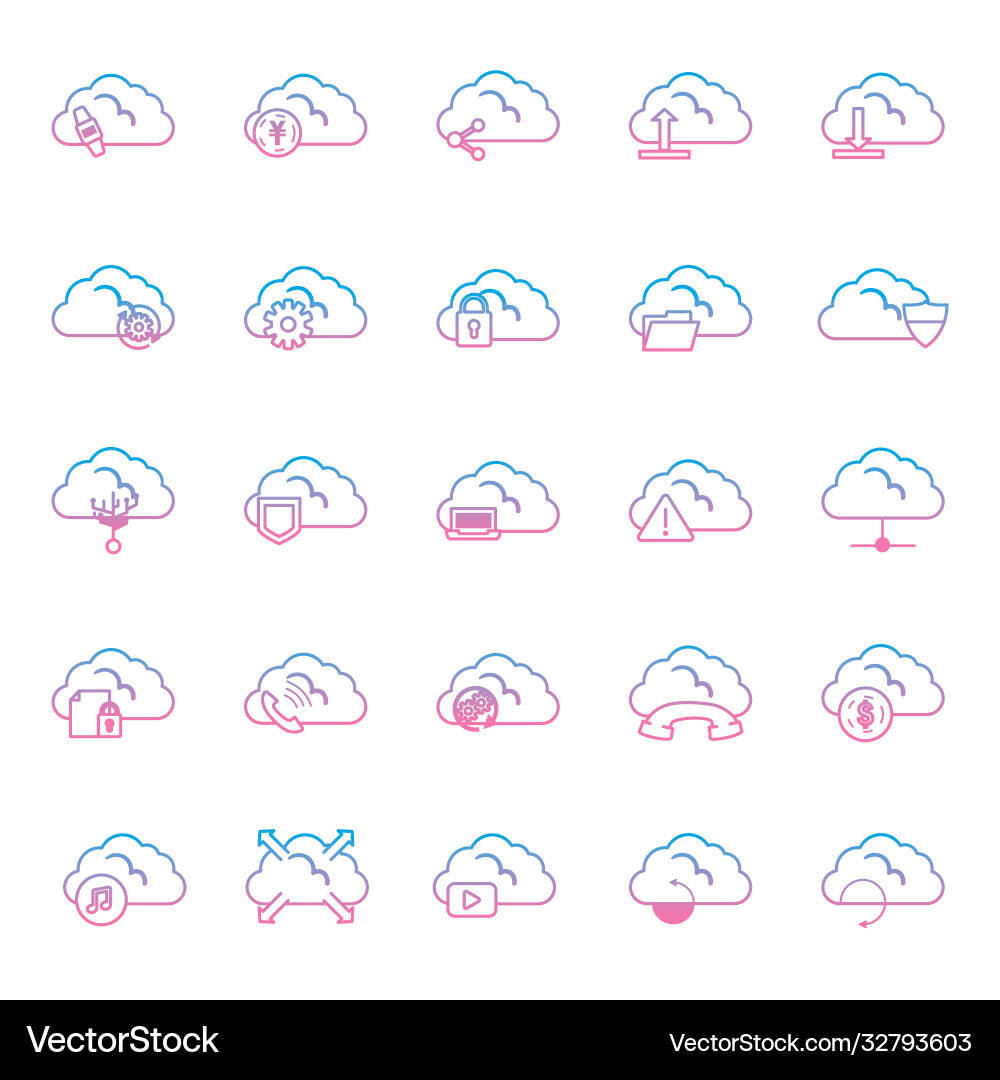 Cloud computing gradient style icon set vector image