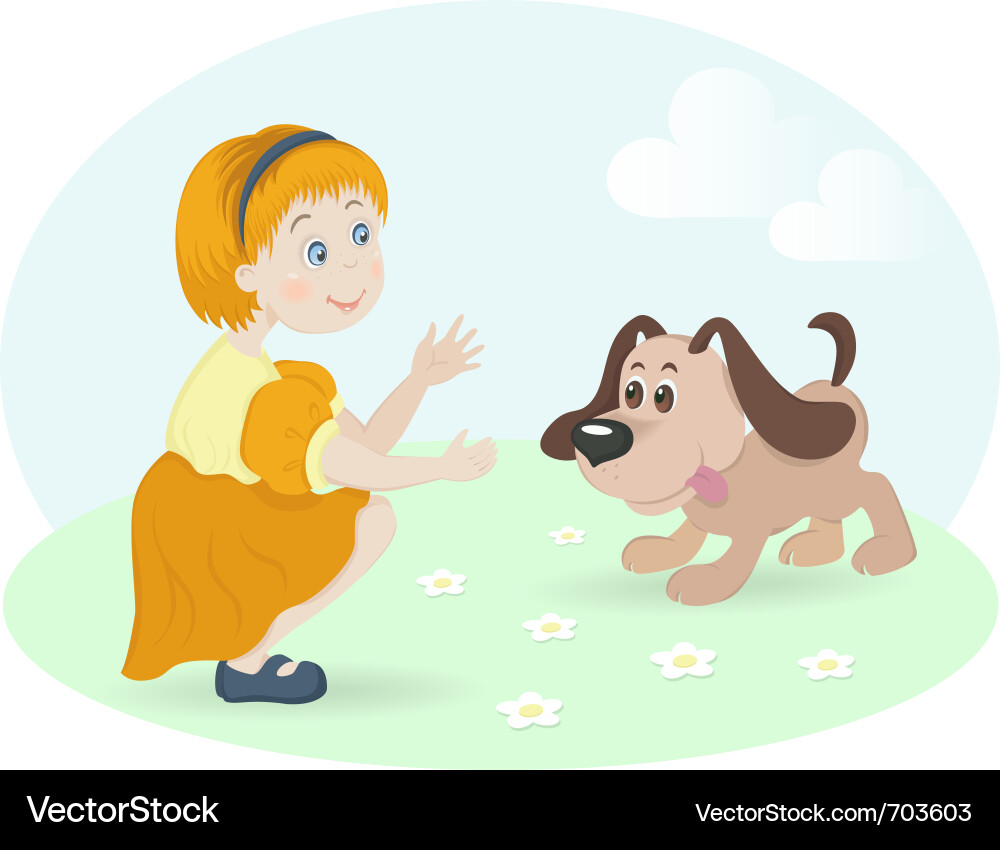 Little girl with happy dog vector image