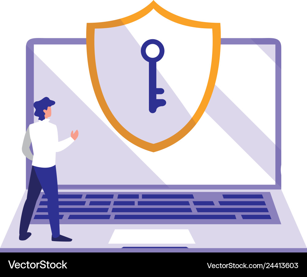 Man using laptop computer with shield vector image