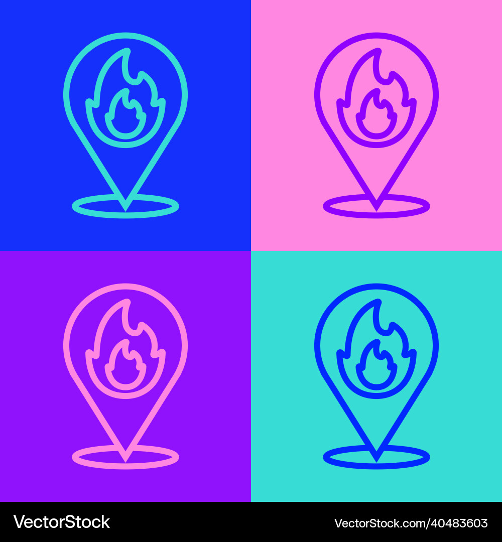 Pop art line map pointer with fire flame icon Pop art line map pointer with fire flame icon vector image
