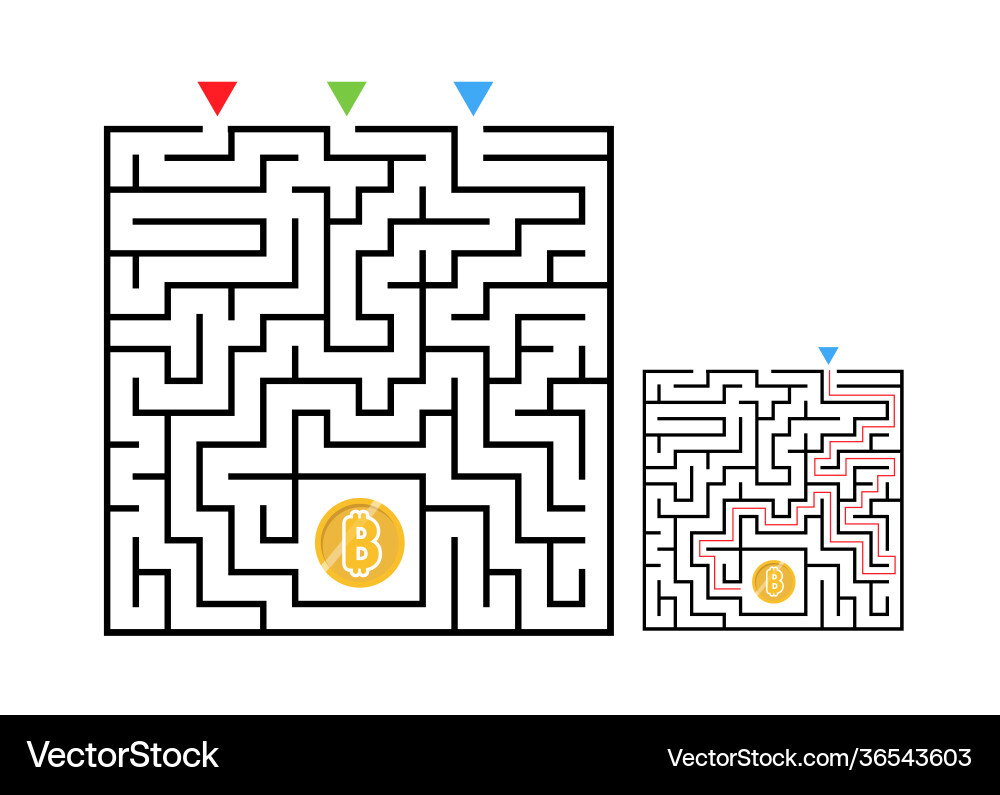 Square maze labyrinth game with bitcoin Square maze labyrinth game with bitcoin vector image