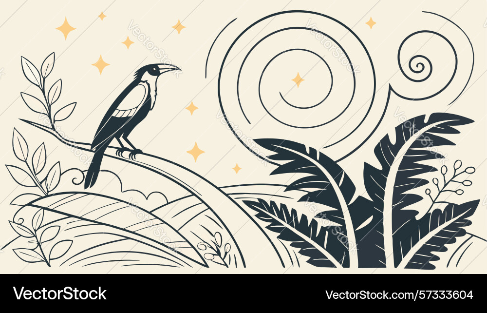 Bird on branch with abstract swirls artwork vector image
