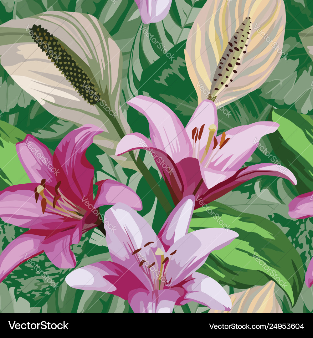 Floral Lily and Begonia Seamless Pattern Vector Image
