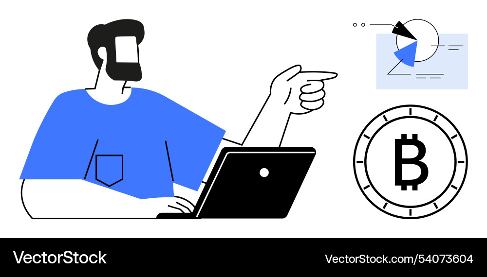 Man pointing at cryptocurrency data analysis Man pointing at cryptocurrency data analysis vector image