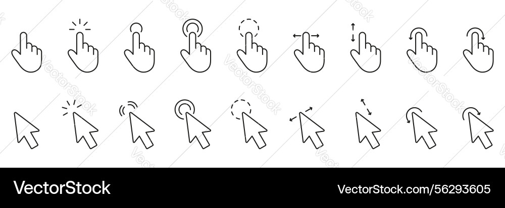 Cursor und Zeiger Linie Symbol gesetzt klicken Vektorbild