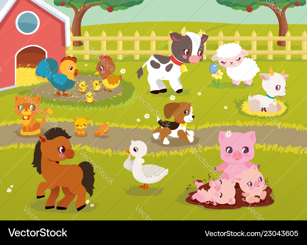 Cute baby farm animals with village landscape Cute baby farm animals with village landscape vector image