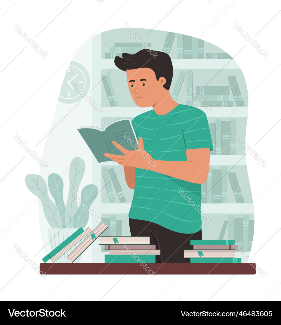 Man reading book in library Man reading book in library Vector Image
