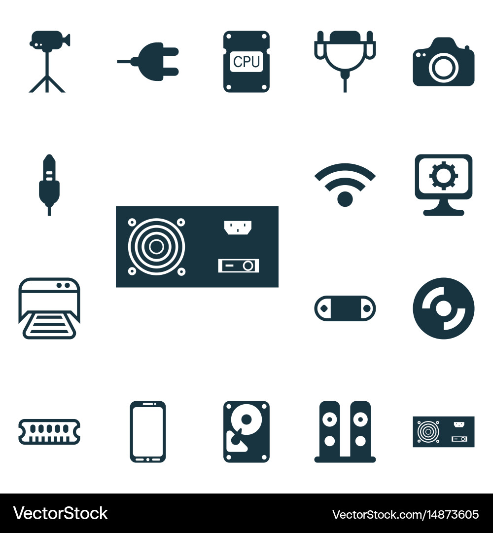 Set of 16 computer hardware icons includes camera vector image