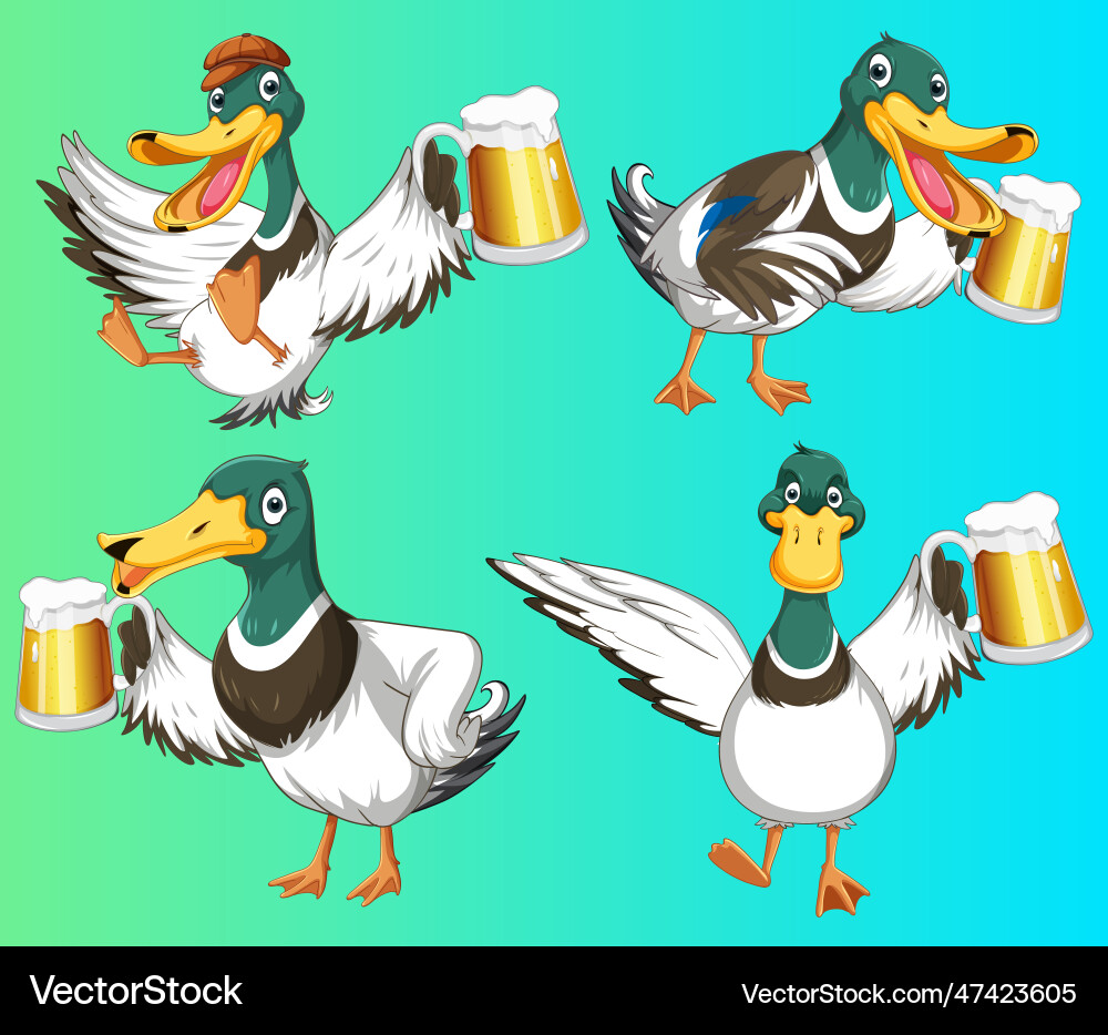 Set of wild duck drinking beer in different pose Set of wild duck drinking beer in different pose vector image