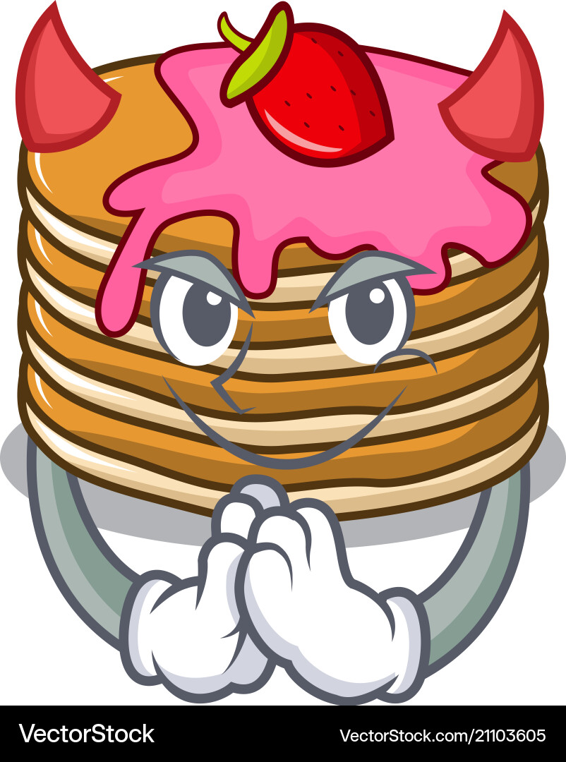 Teufel Pfannkuchen mit Erdbeer-Mascotkarikatur Teufel Pfannkuchen mit Erdbeer-Mascotkarikatur Vektorbild