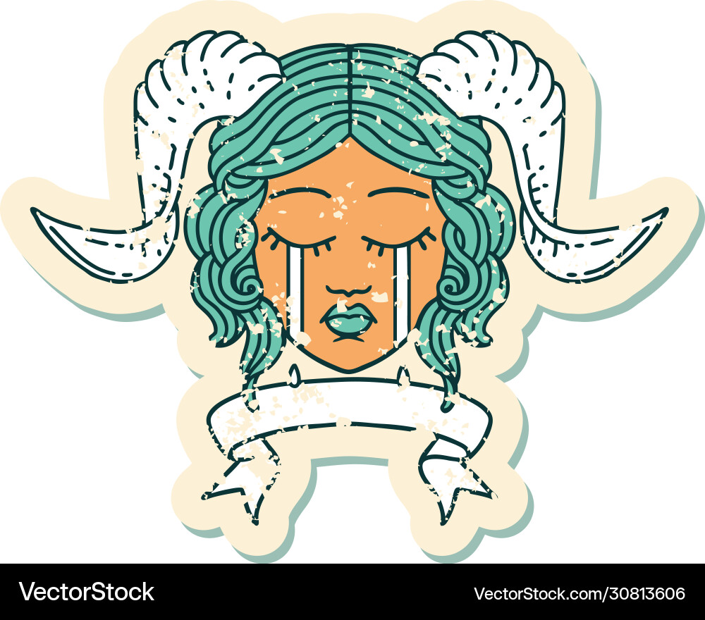 Crying tiefling character face with scroll banner Vector Image