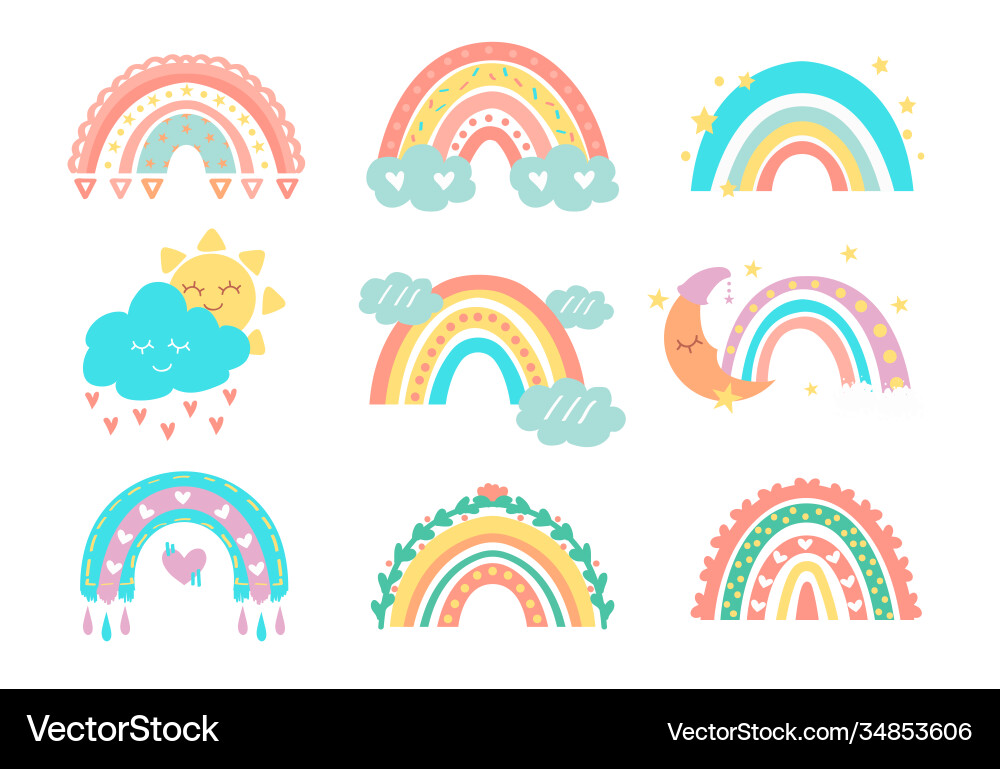 Cute rainbows kids doodle collection sun vector image